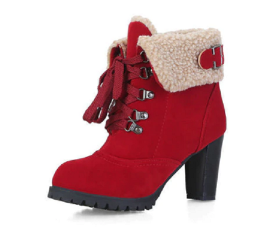 Rode dameslaars met hoge hak, veters en warme voering, wintermode, trendy schoeisel, comfortabele en stijlvolle laars voor koude dagen.