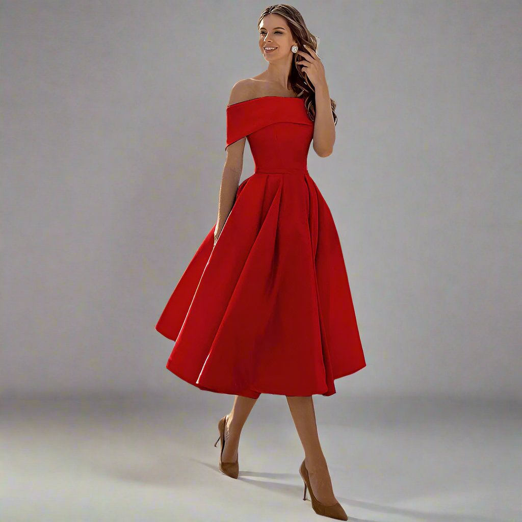 Vrouw in elegante rode off-shoulder jurk, vintage stijl, met wijde rok. Perfect voor feestelijke gelegenheden. Mode, dameskleding, avondjurk.