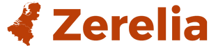 Zerelia logo met oranje tekst en silhouet van Nederland. Bedrijfsbranding, herkenbaar ontwerp, Nederlandse kaart, visuele identiteit.